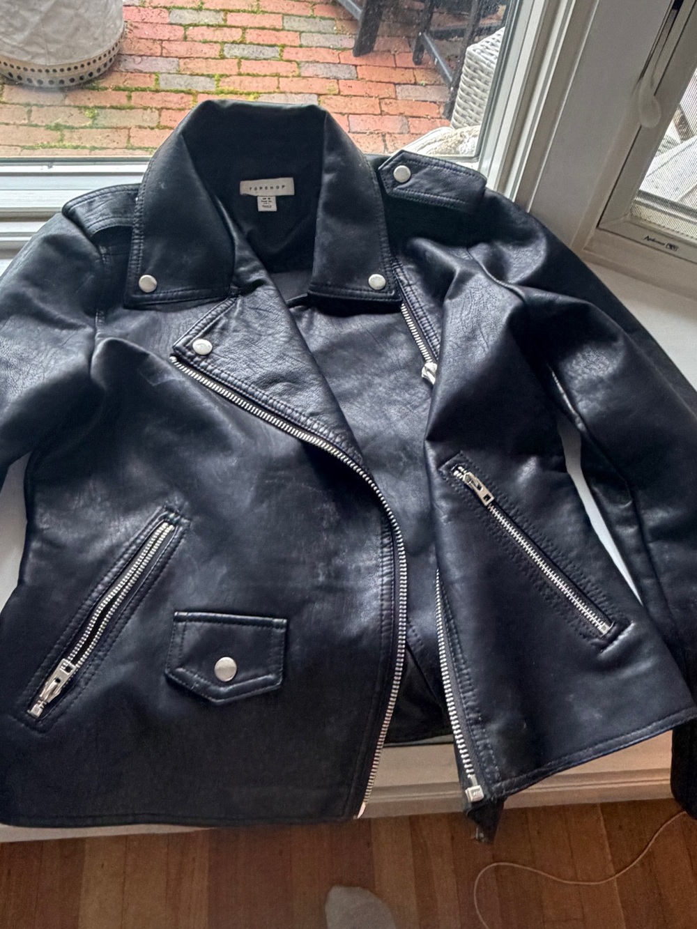 Topshop Black Faux Leather Biker Jacket with Silver Hardware